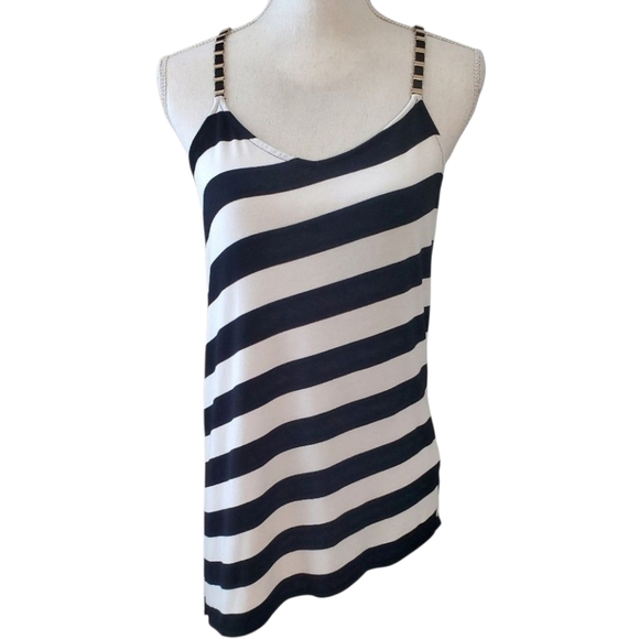 White House Black Market Striped Blk & White Asymmetrical Tunic Tank Top Size S - Picture 1 of 8